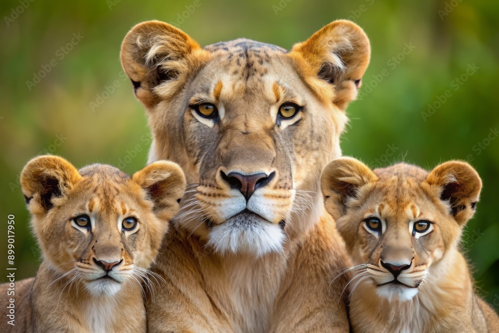 Close up of a female lion with two cubs Close up of a female lion with two cubs
