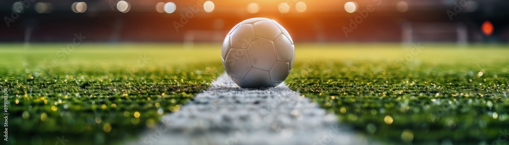 Fototapeta premium a soccer ball on a green field, illuminated by warm stadium lights during a game.