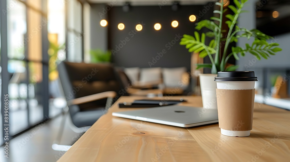 Modern Office Desk: Laptop, Coffee, Blurred Meeting Room Modern Office Desk: Laptop, Coffee, Blurred Meeting Room