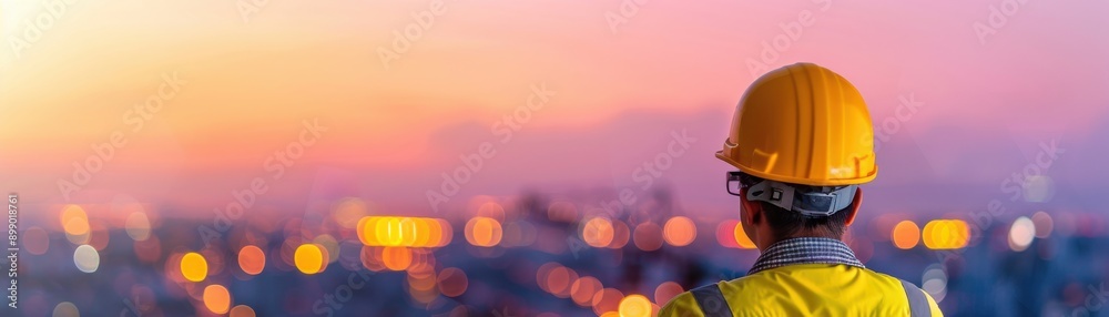 A construction worker in a yellow hard hat gazes at a beautiful sunset over a city skyline, symbolizing hope and new beginnings. A construction worker in a yellow hard hat gazes at a beautiful sunset over a city skyline, symbolizing hope and new beginnings.