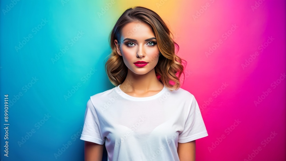 Vibrant color background featuring a blank white t-shirt template with a beauty portrait overlay of a young woman's face, highlighting perfect skin, trendy makeup, and fashion style. Vibrant color background featuring a blank white t-shirt template with a beauty portrait overlay of a young woman's face, highlighting perfect skin, trendy makeup, and fashion style.