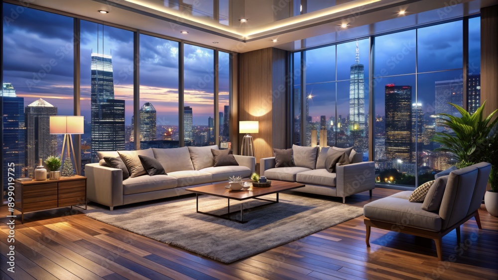 Realistic living room at night with a cityscape view Realistic living room at night with a cityscape view
