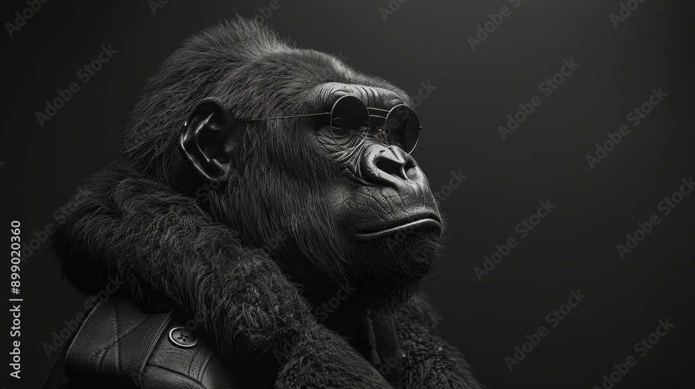 3d rendering of a serious gorilla wearing sunglasses and a fur coat, looking right on a black background 3d rendering of a serious gorilla wearing sunglasses and a fur coat, looking right on a black background