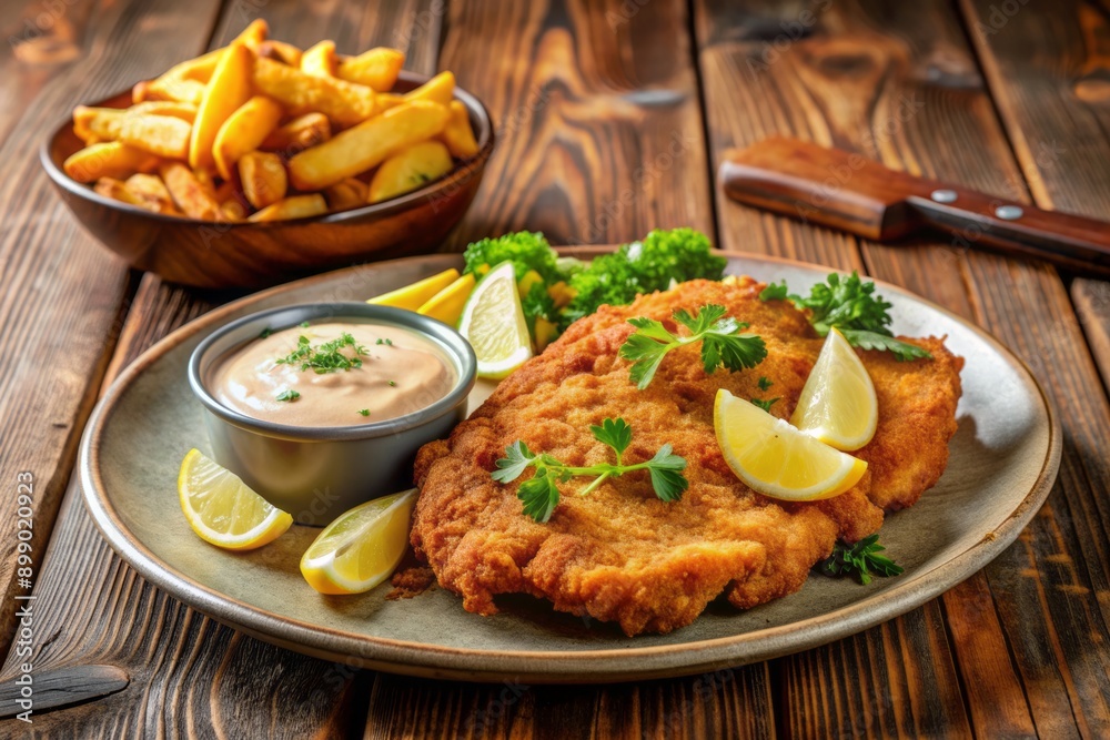 Golden-brown breaded wiener schnitzel served with crispy potato fries and a side of rich, creamy sauce on a rustic wooden background. Golden-brown breaded wiener schnitzel served with crispy potato fries and a side of rich, creamy sauce on a rustic wooden background.