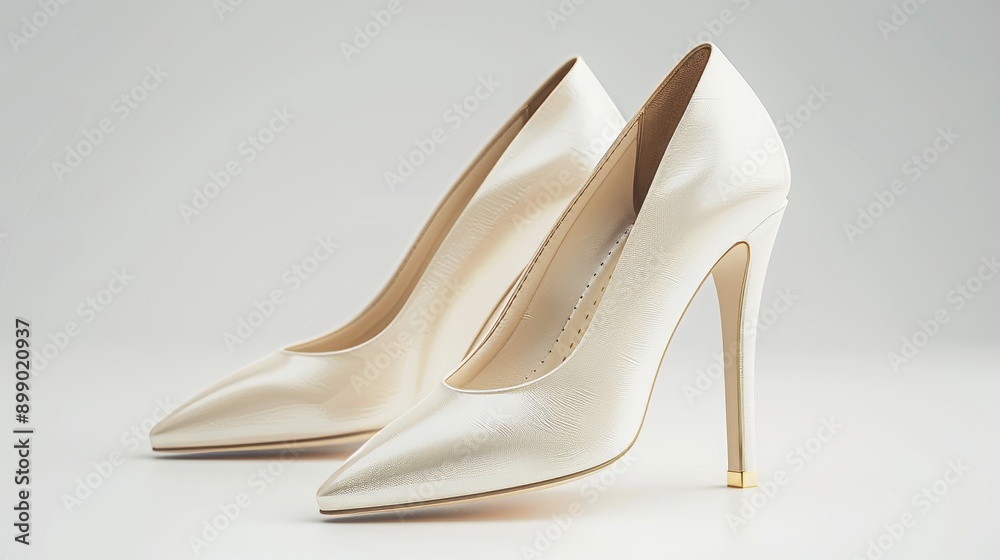 Obraz premium A pair of elegant high-heeled shoes with a glossy black finish, standing on a reflective surface. Detailed stitching and sleek design, isolated background