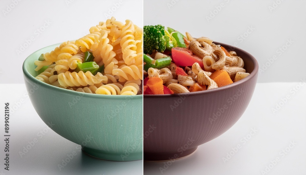 A split image with a bowl of whole grain pasta with veggies on one side and a bowl of macaroni A split image with a bowl of whole grain pasta with veggies on one side and a bowl of macaroni