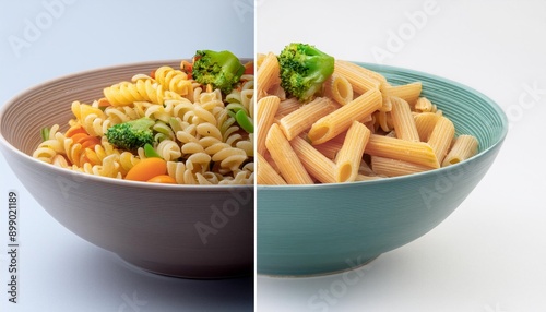  A split image with a bowl of whole grain pasta with veggies on one side and a bowl of macaro photo