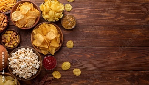  Flat lay of a mix of junk foods like candy, chips, and popcorn, set against a dark wooden ba