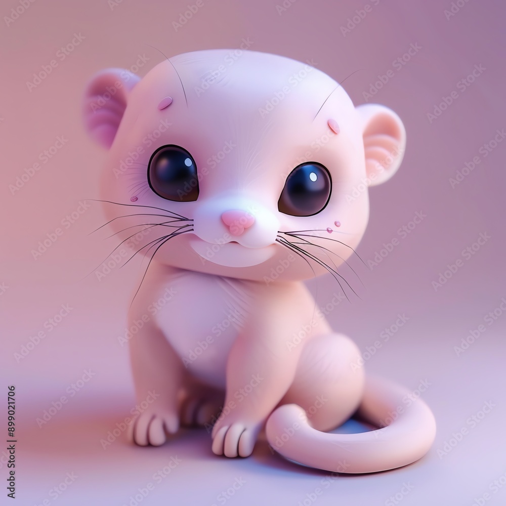 Cute animated baby animal figure with big eyes and pink nose, sitting on a soft gradient background in pastel colors.