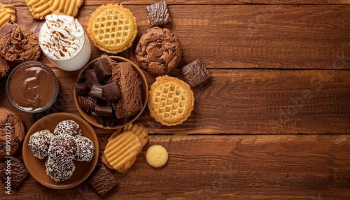 Top view of a variety of sweet junk foods like cookies, brownies, and a milkshake, placed on 