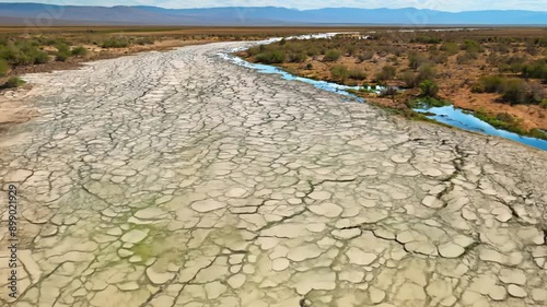 Arid riverbed is shown in remote desert with dried cracked earth