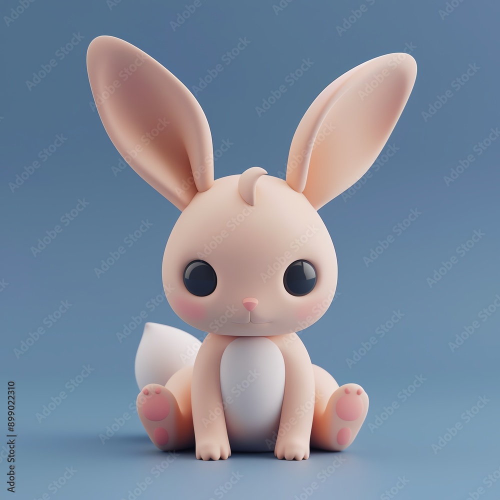Cute 3D rendered bunny toy character with big eyes and large ears sitting against a pastel blue background. Cute 3D rendered bunny toy character with big eyes and large ears sitting against a pastel blue background.