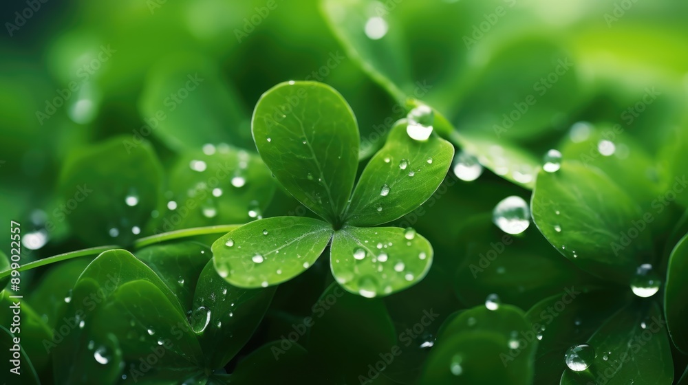 Macro view of green four-leaf clover with morning dew with blurred background, St. Patricks Day luck.