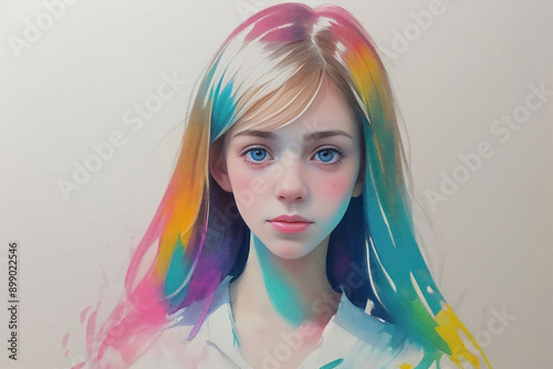 A vibrant illustration of a young, blue-eyed girl with colorful hair, capturing whimsical and imaginative artistry. © cappellettipictures