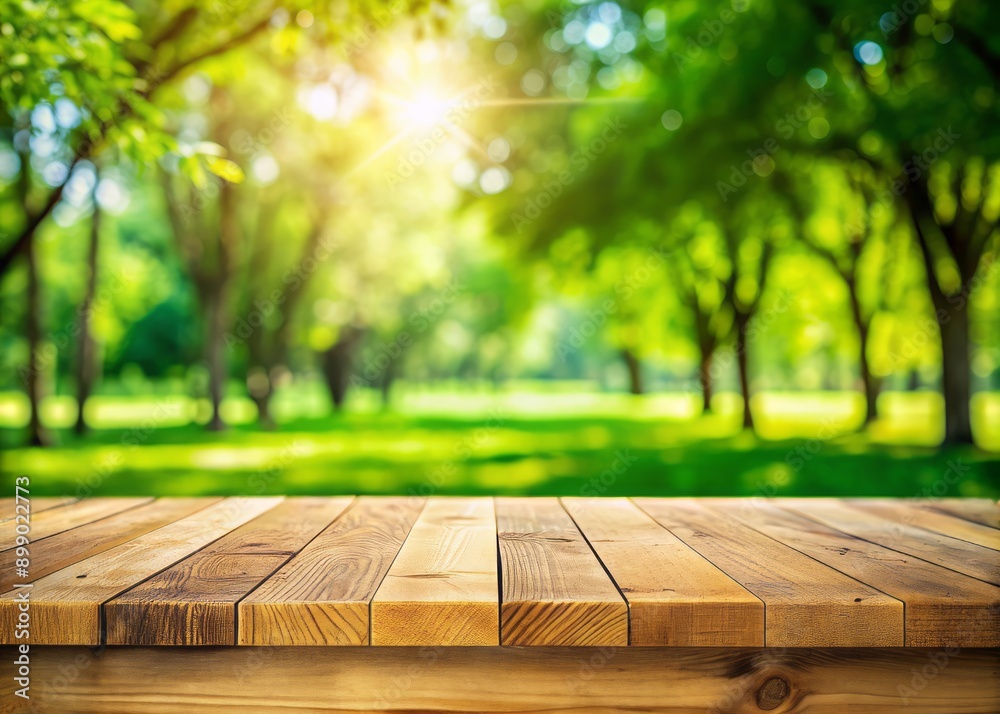 natural wooden table display stand with empty space in vibrant green park on sunny day with blurred bokeh background ideal for product showcase and advertisement. natural wooden table display stand with empty space in vibrant green park on sunny day with blurred bokeh background ideal for product showcase and advertisement.