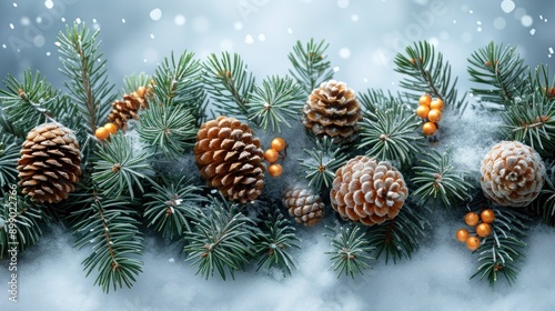 Festive Fir: A Christmas Composition with Tree Branches and Holiday Ornaments