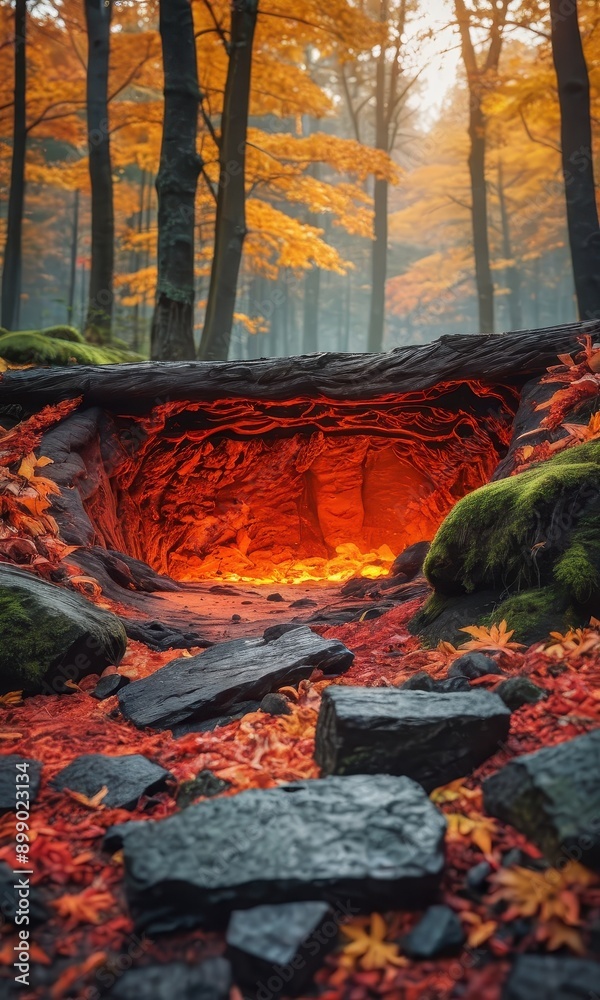 Glowing Cave Entrance in Autumn Forest. Glowing Cave Entrance in Autumn Forest.