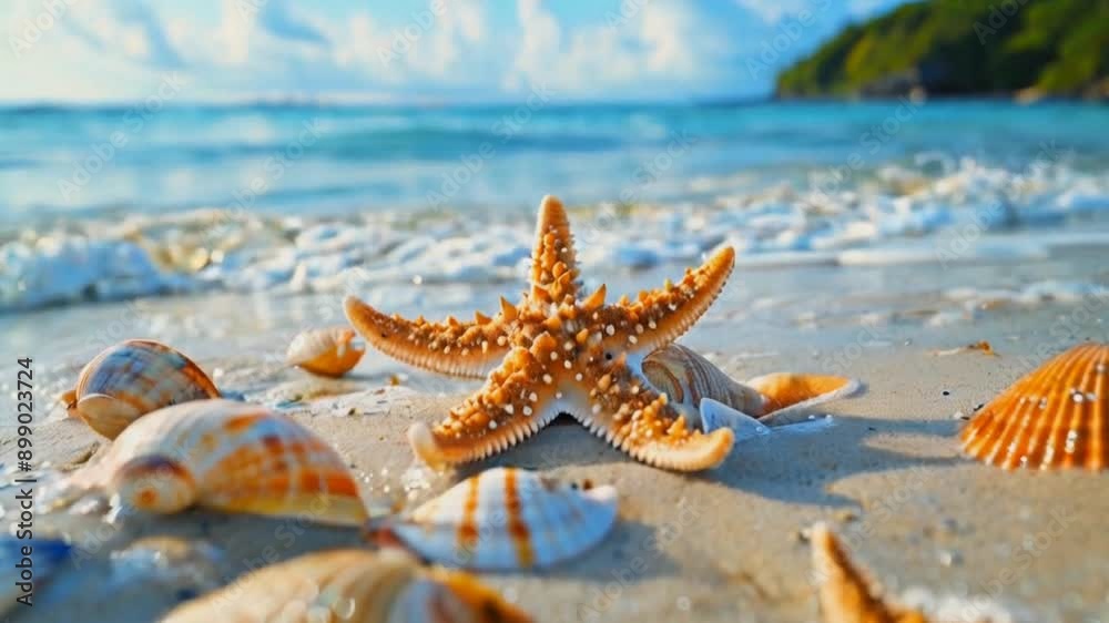 Starfish and shells on sandy beach, sea waves washing over, tropical island shore, highlighting textures Starfish and shells on sandy beach, sea waves washing over, tropical island shore, highlighting textures