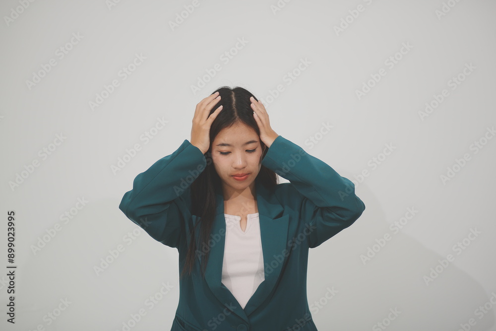 Stressed female worker and business woman holding a pile of paperwork while getting more work to do. Looking frustrated in camera, isolated on white background. Concept: Too much work