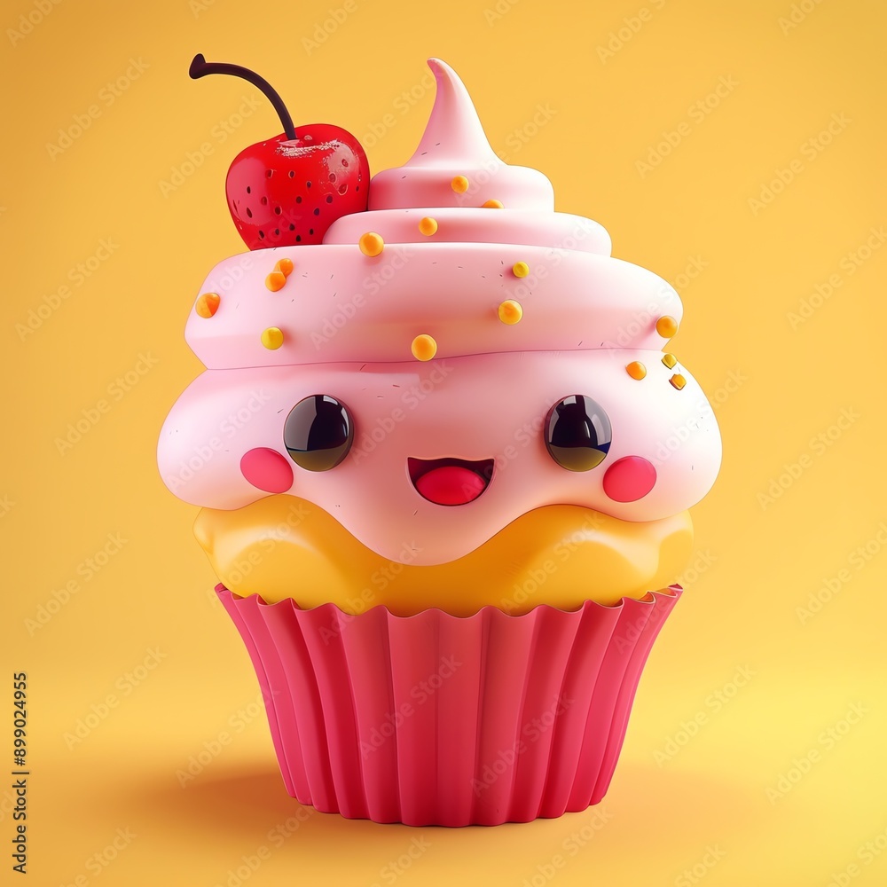 Cute cartoon cupcake with pink frosting, a cherry on top, and a happy face against a vibrant yellow background. Cute cartoon cupcake with pink frosting, a cherry on top, and a happy face against a vibrant yellow background.
