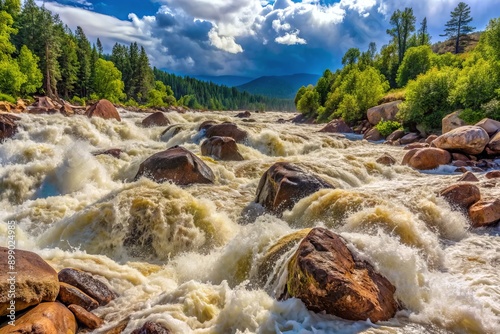 Turbulent whitewater river surges against ancient boulders, unleashing a deafening crescendo as torrential waves crash and recoil in a frenzy of spray and sound. photo