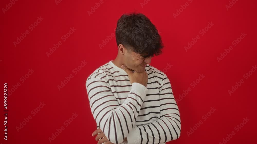 Young hispanic man wearing stripes t shirt standing with sore throat due to flu infection over isolated red background Young hispanic man wearing stripes t shirt standing with sore throat due to flu infection over isolated red background