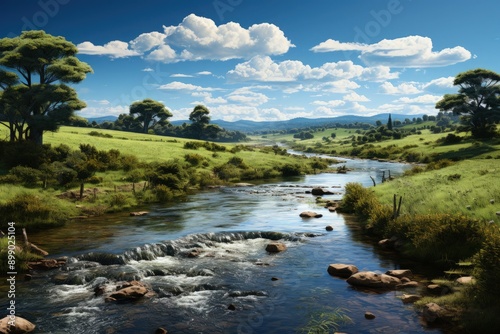 A tranquil river meandering through a green countryside