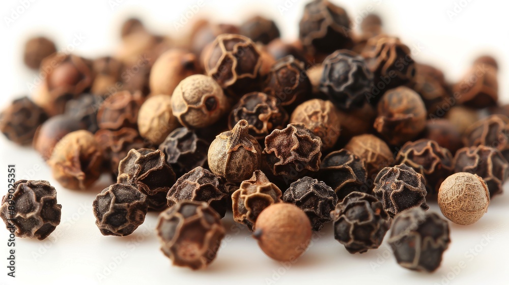 Mound of black peppercorns ready to add flavor to dishes, showcasing their rough texture against a white background. Organic, natural, healthy, and gourmet option for cuisine Mound of black peppercorns ready to add flavor to dishes, showcasing their rough texture against a white background. Organic, natural, healthy, and gourmet option for cuisine