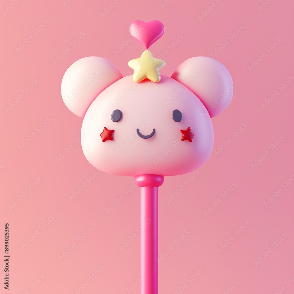 Cute pink cartoon character on a stick with a heart on its head, star, and cheerful expression, against a pastel pink background. Cute pink cartoon character on a stick with a heart on its head, star, and cheerful expression, against a pastel pink background.