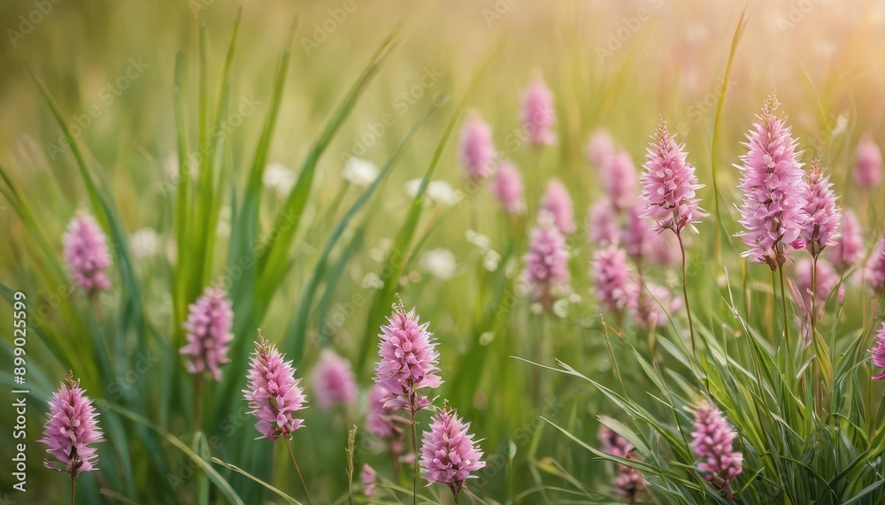 Pink Flowers in Green Grass Field. Pink Flowers in Green Grass Field.