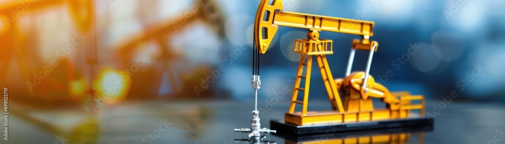 A vibrant oil pump jack model illustrating the oil extraction process in a studio environment with blurred background. A vibrant oil pump jack model illustrating the oil extraction process in a studio environment with blurred background.