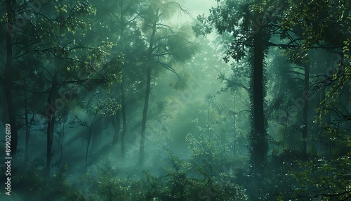 Lush forest greens transitioning into ethereal misty blues, capturing the essence of a tranquil woodland.