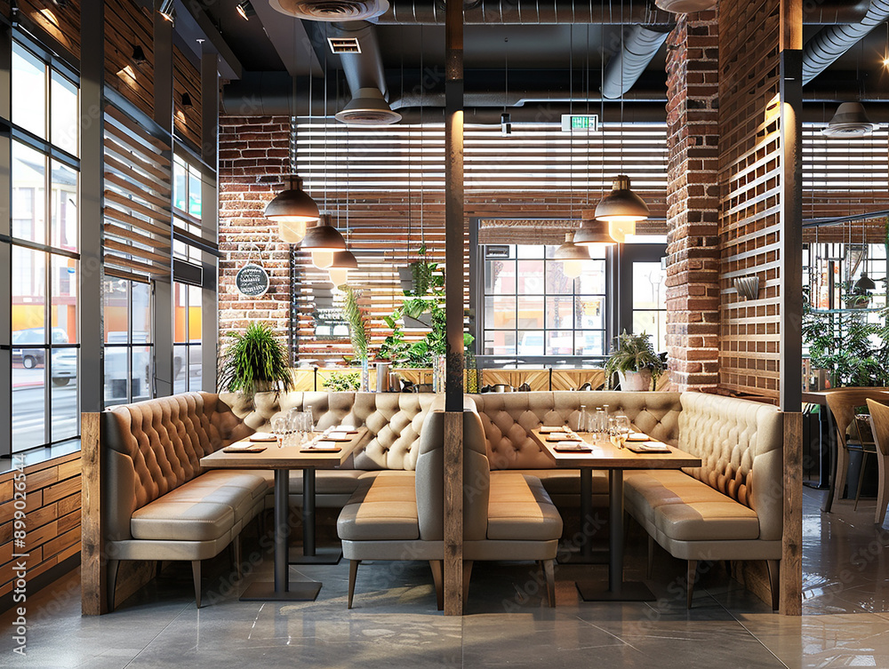 Fototapeta premium Contemporary Restaurant Cafe Interior with Modern Decor and Cozy Ambiance