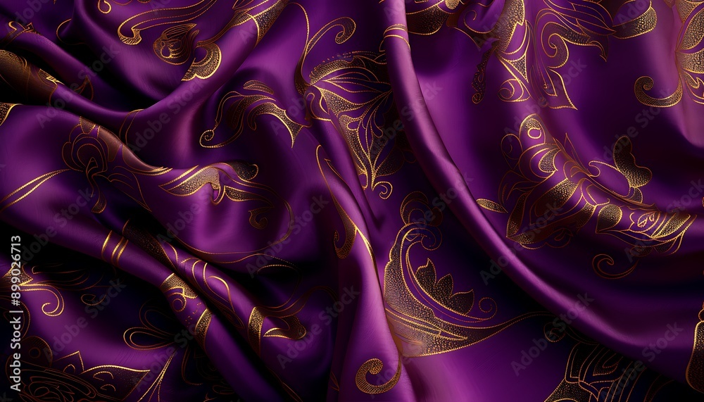 Luxurious silk background in deep purple and gold, with intricate patterns and a rich, opulent feel. Luxurious silk background in deep purple and gold, with intricate patterns and a rich, opulent feel.