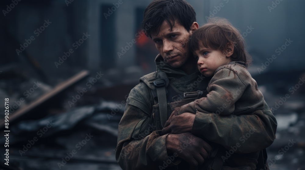 Brave Soldier Rescuing Distressed Child in Devastated Village Amidst Chaos