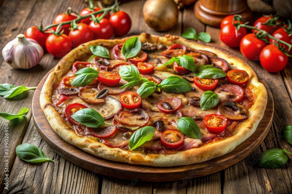 Freshly baked gourmet pizza topped with crispy bacon, juicy tomatoes, earthy boletus mushrooms, fragrant fresh basil, and rich tomato sauce, served on a rustic wooden table.