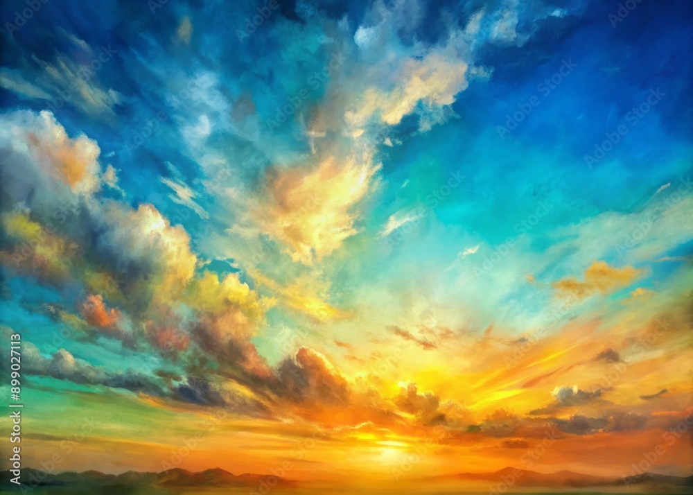Vibrant abstract sunset sky in watercolor style features soft blurred texture, paint blotches and gradient paint colors in blue, green, yellow, beige, and orange hues. Vibrant abstract sunset sky in watercolor style features soft blurred texture, paint blotches and gradient paint colors in blue, green, yellow, beige, and orange hues.