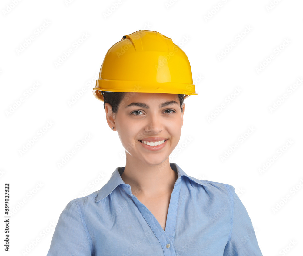 Engineer in hard hat on white background