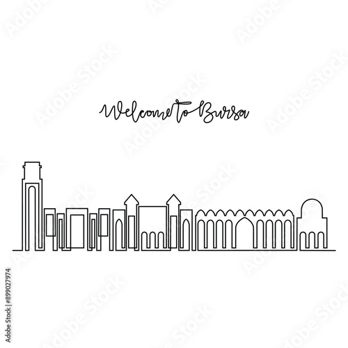 One continuous line drawing of Bursa skyline vector illustration. Modern city in Turkey in simple linear style vector design concept. Big city in Turkey. Iconic architectural skyline building