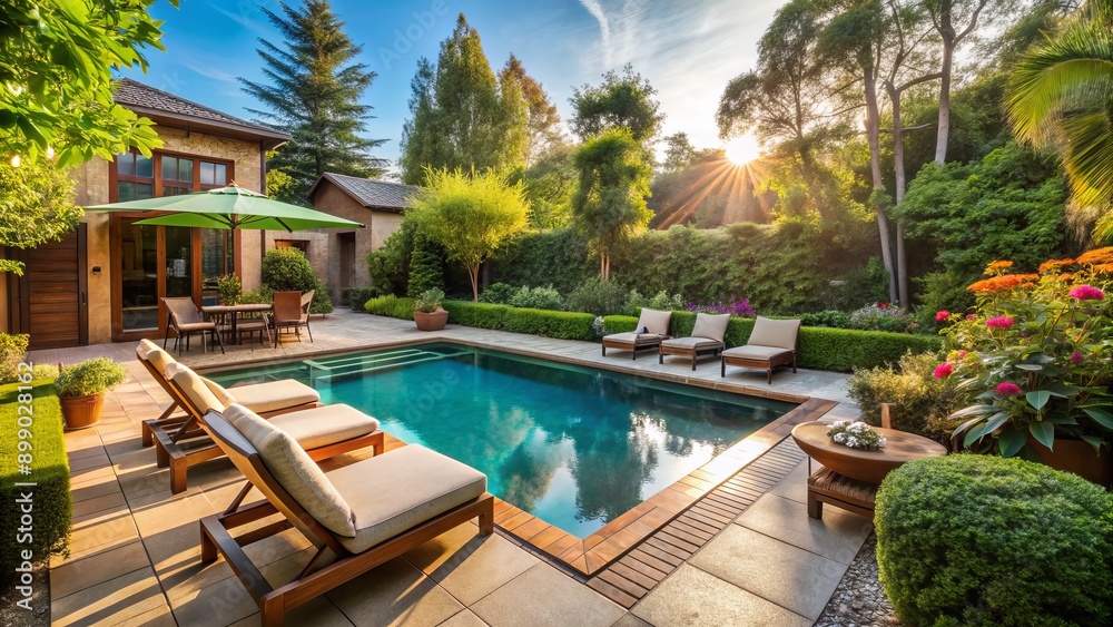 Fototapeta premium Serene backyard retreat features a sparkling swimming pool surrounded by lush greenery, comfortable lounge chairs, and a sunny patio perfect for relaxation.