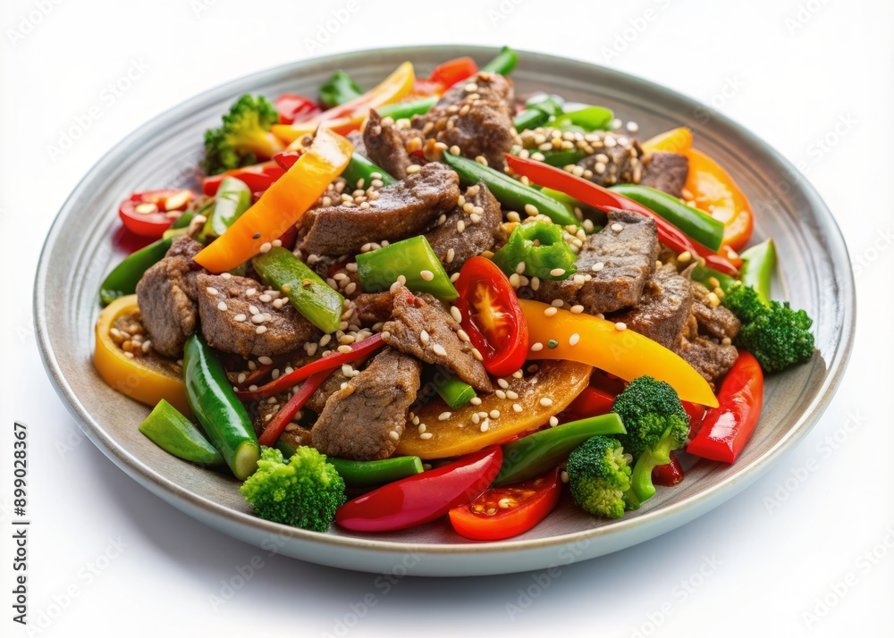 Vibrant sesame beef stir-fry with tender beef, crisp vegetables, and savory sesame seeds, beautifully arranged on a white plate, isolated on a transparent background. Vibrant sesame beef stir-fry with tender beef, crisp vegetables, and savory sesame seeds, beautifully arranged on a white plate, isolated on a transparent background.