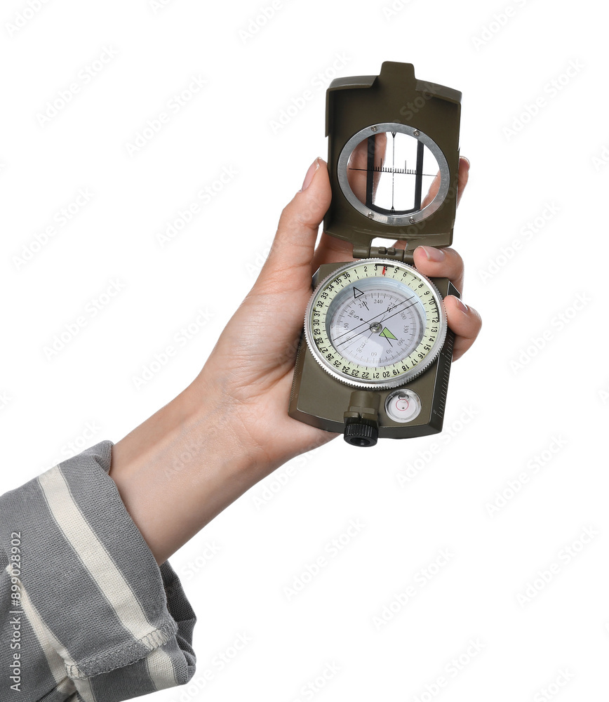 Woman holding compass on white background, closeup Woman holding compass on white background, closeup