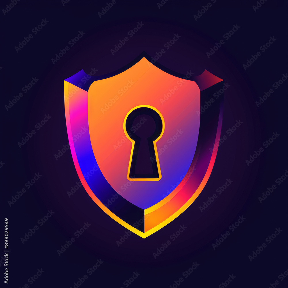 Logo for security, shield with keyhole in the middle, simple vector style, orange and purple gradient colors, dark background Logo for security, shield with keyhole in the middle, simple vector style, orange and purple gradient colors, dark background