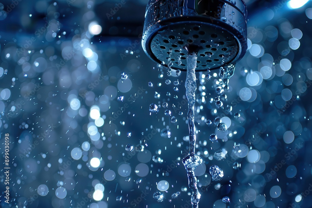 closeup of water droplets falling from stylish modern faucet highspeed photography bokeh background focus on water conservation theme