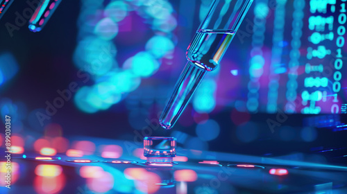 Close up of a biotech test tube with a pipette over a computer screen displaying DNA and biolynk symbols