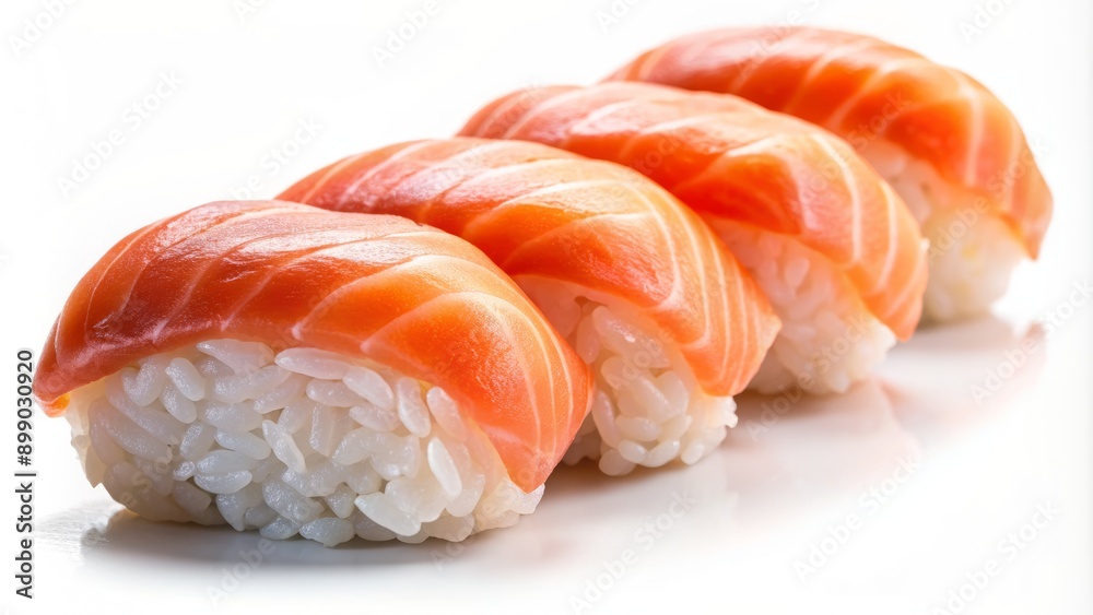 Freshly prepared Japanese style salmon sushi nigiri maki pieces placed diagonally on isolated transparent background, showcasing vibrant pink salmon and white rice.