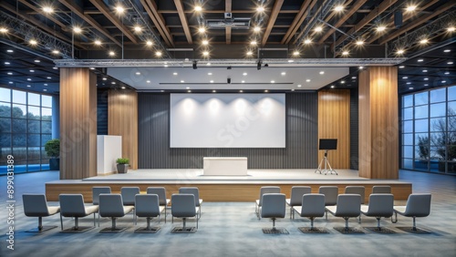 Emptied conference stage with large projection screen, presentation board, and blank whiteboard, offering ample space for creative design and advertisement display.