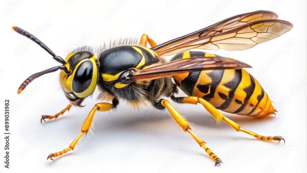 Vibrant yellow and black striped wasp with intricate body details and delicate wings isolated on a pure white background in a high-contrast macro shot. Vibrant yellow and black striped wasp with intricate body details and delicate wings isolated on a pure white background in a high-contrast macro shot.