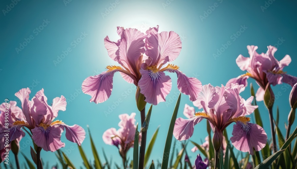Fototapeta premium Pink Irises Against a Blue Sky.