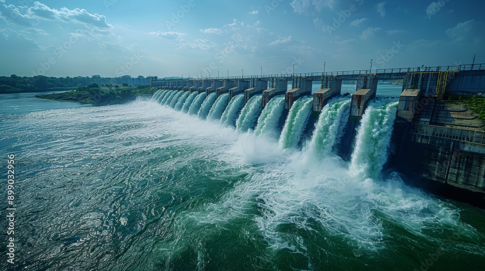 Water flows powerfully through the gates of a hydroelectric dam, generating renewable energy on a bright day Water flows powerfully through the gates of a hydroelectric dam, generating renewable energy on a bright day